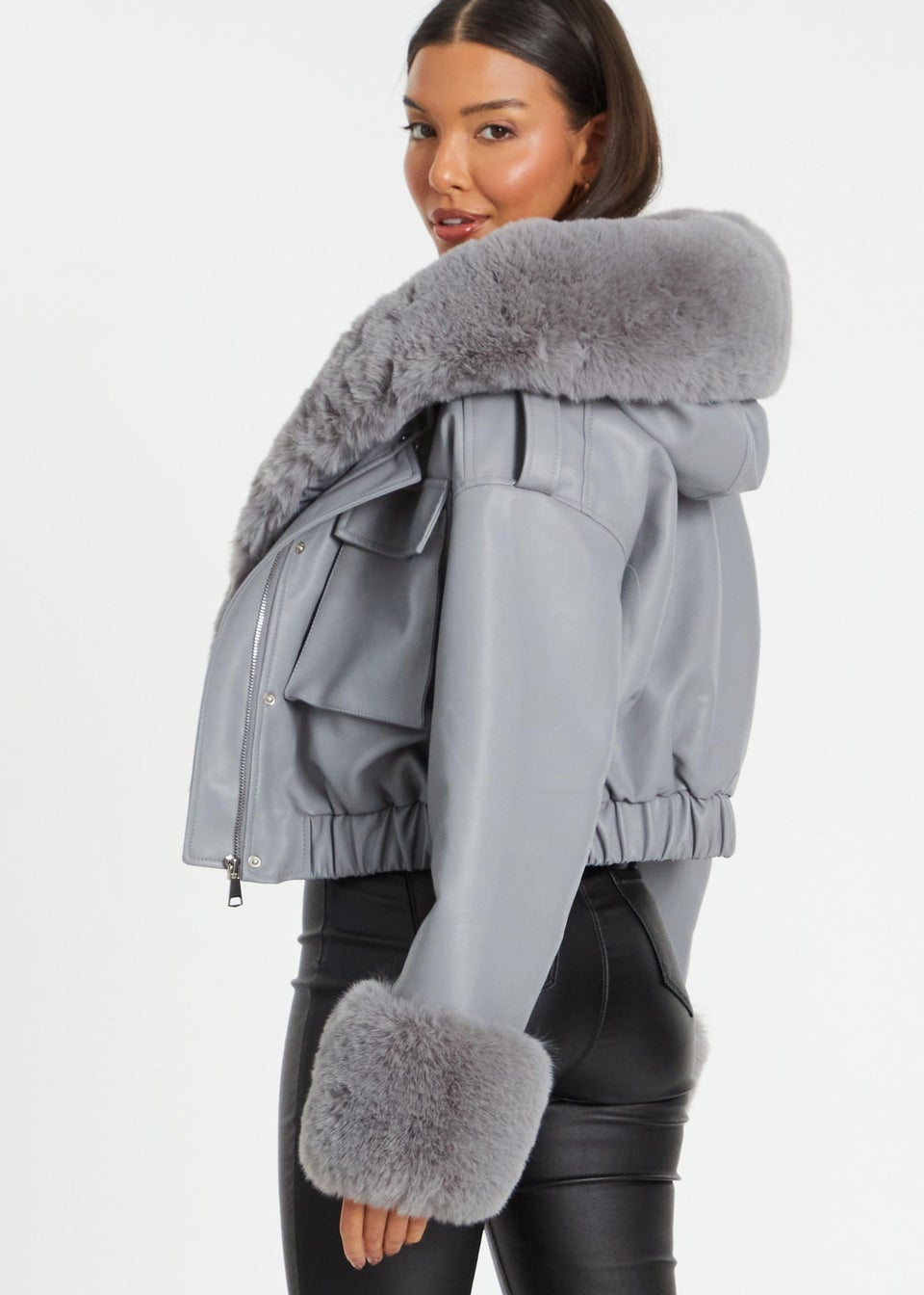 Quiz Grey Faux Fur Bomber Jacket