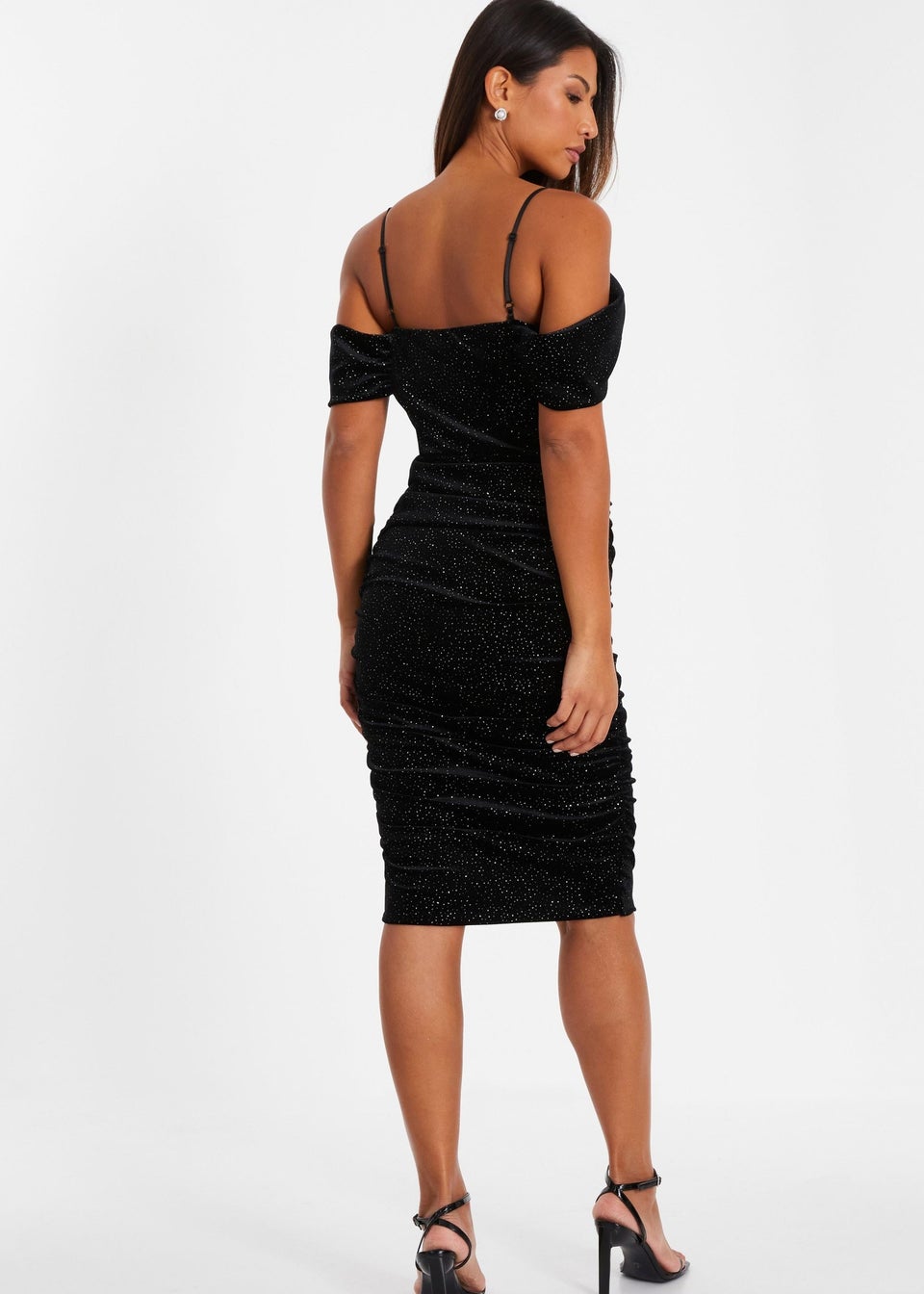 Quiz Black Velvet Glitter Cold Shoulder Midi Dress