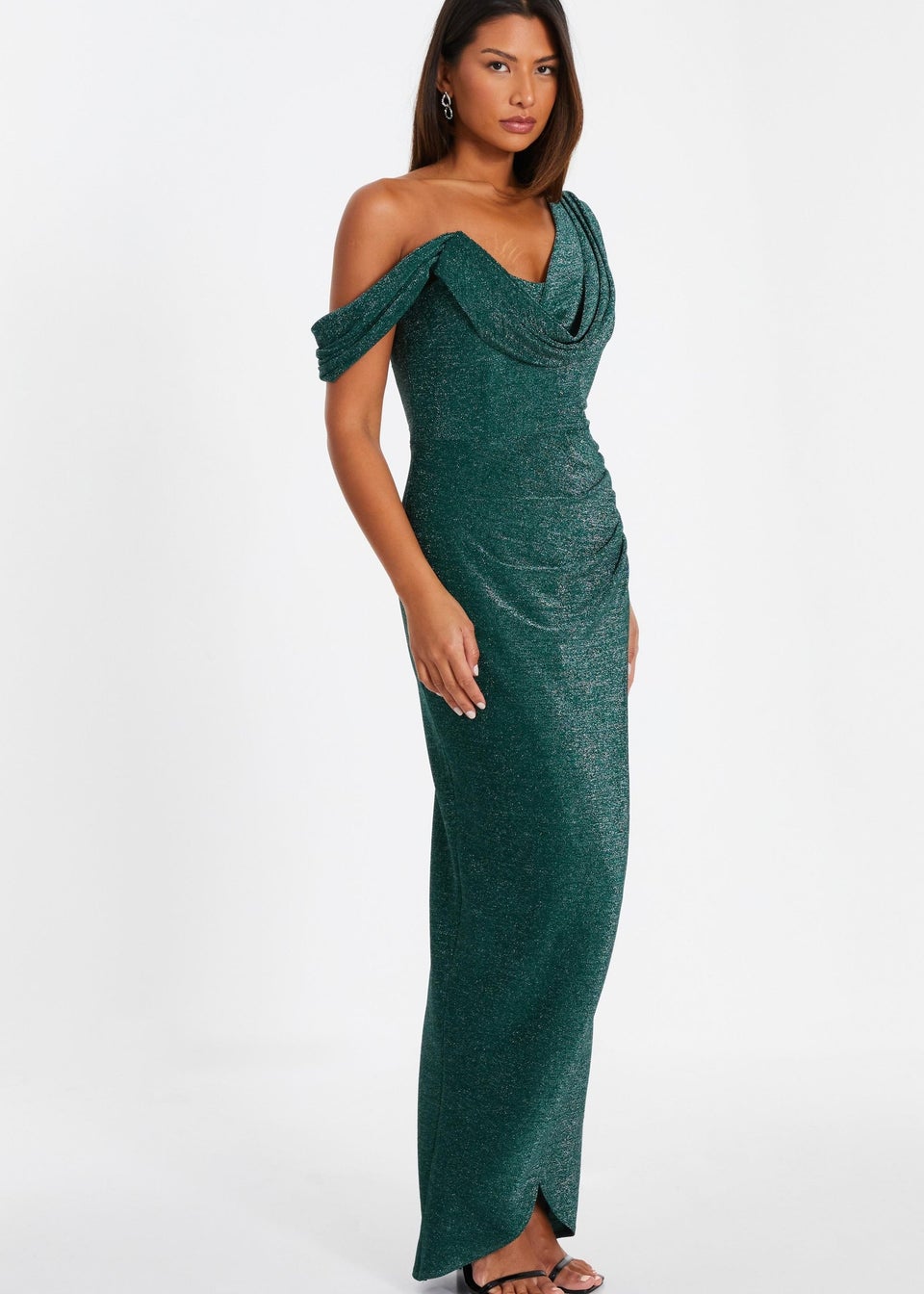 Quiz Green Shimmer Asymmetric Cowl Neck Maxi Dress