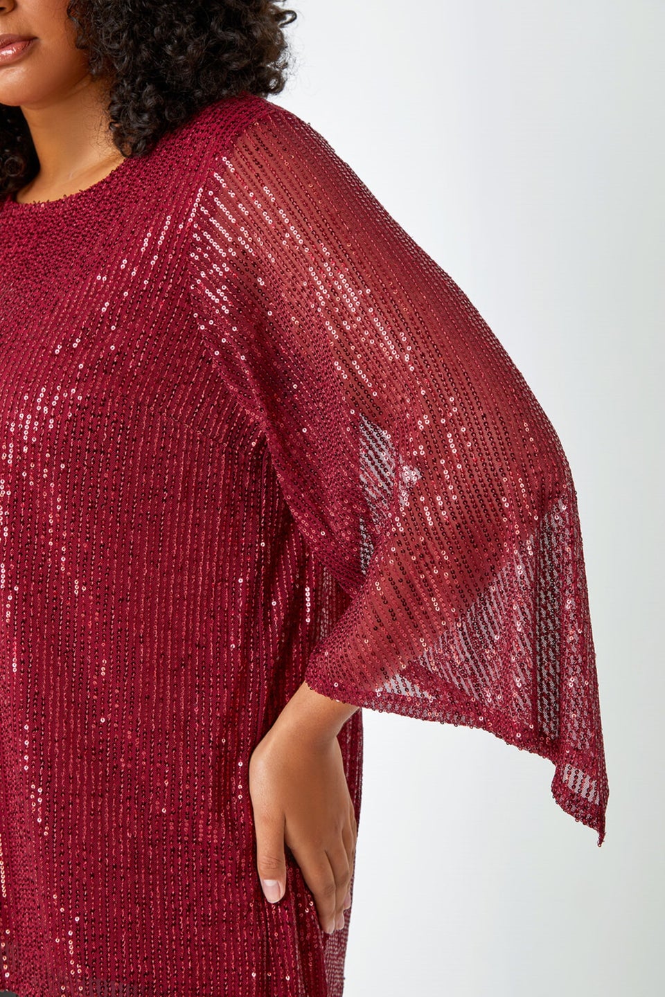 Roman Red Curve Sequin Flared Sleeve Top