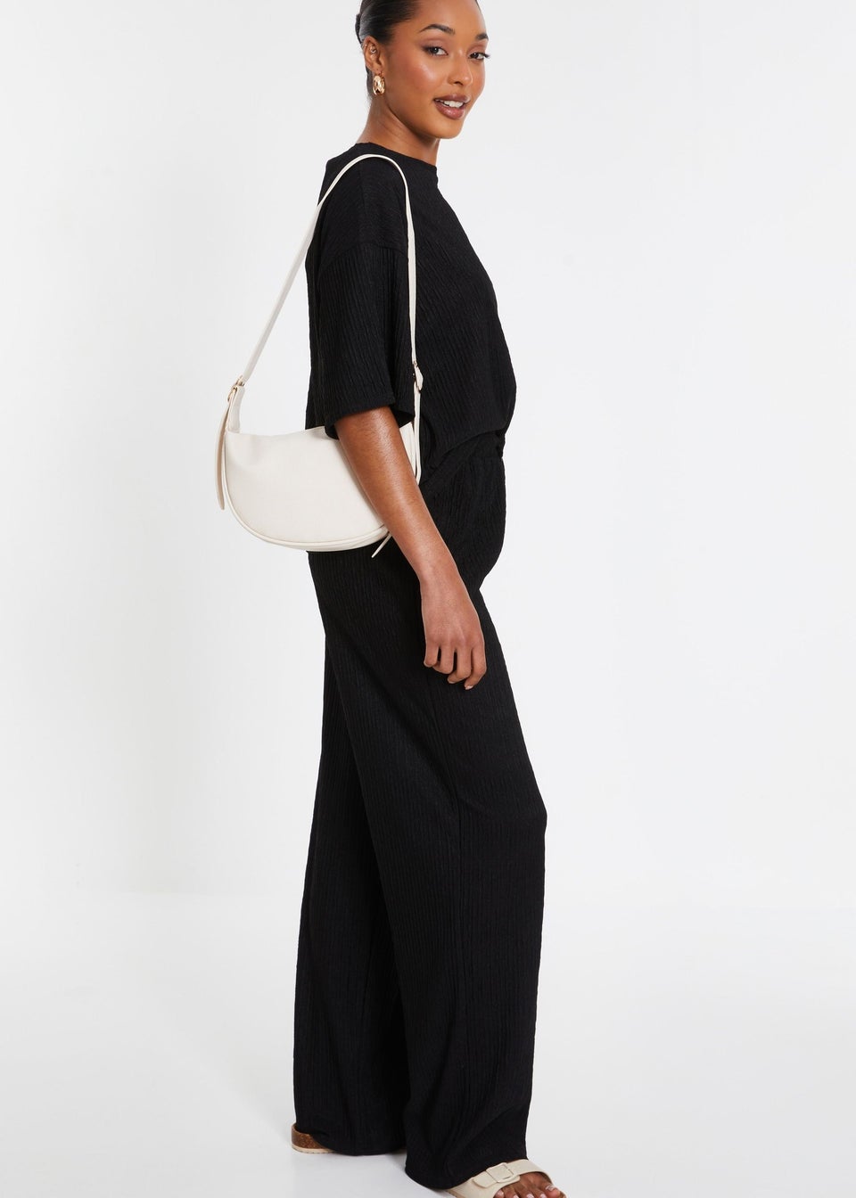 Quiz Black Textured Palazzo Trousers