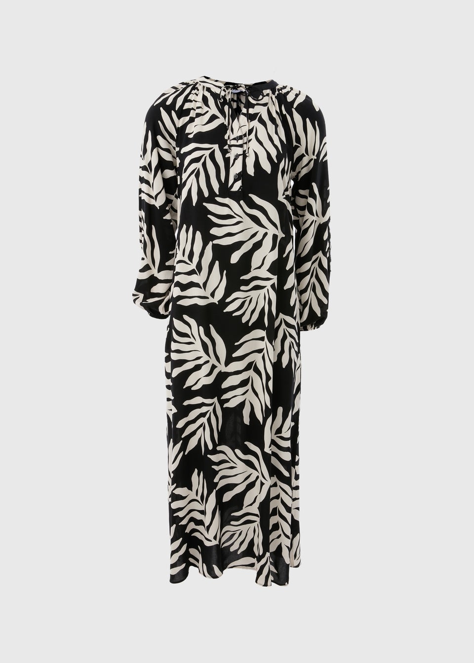 Black Monochrome Leaf Print Tunic Midaxi Dress