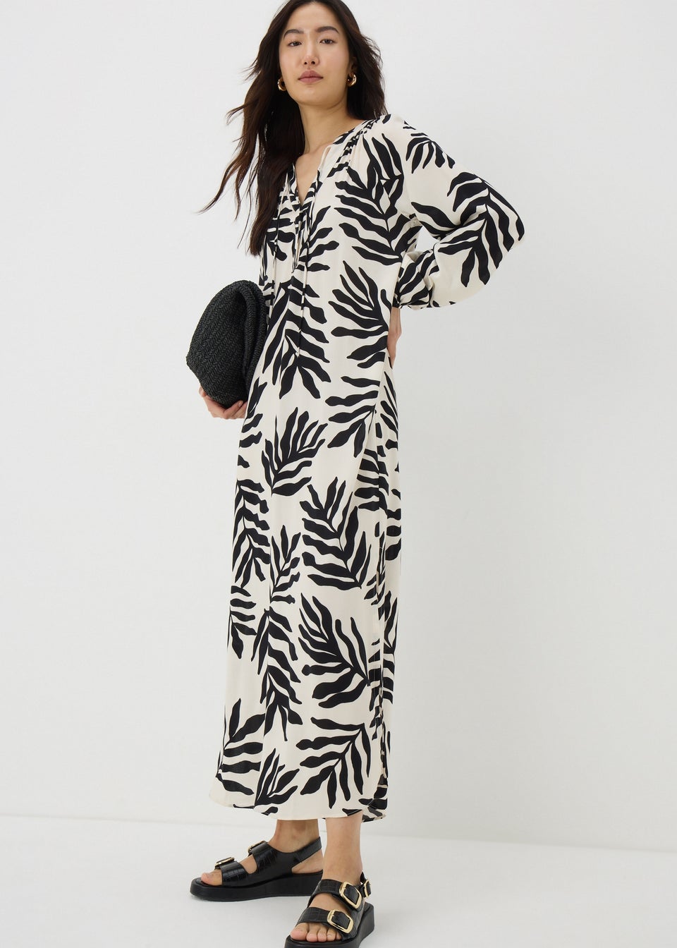White Leaf Print Tunic Midaxi Dress