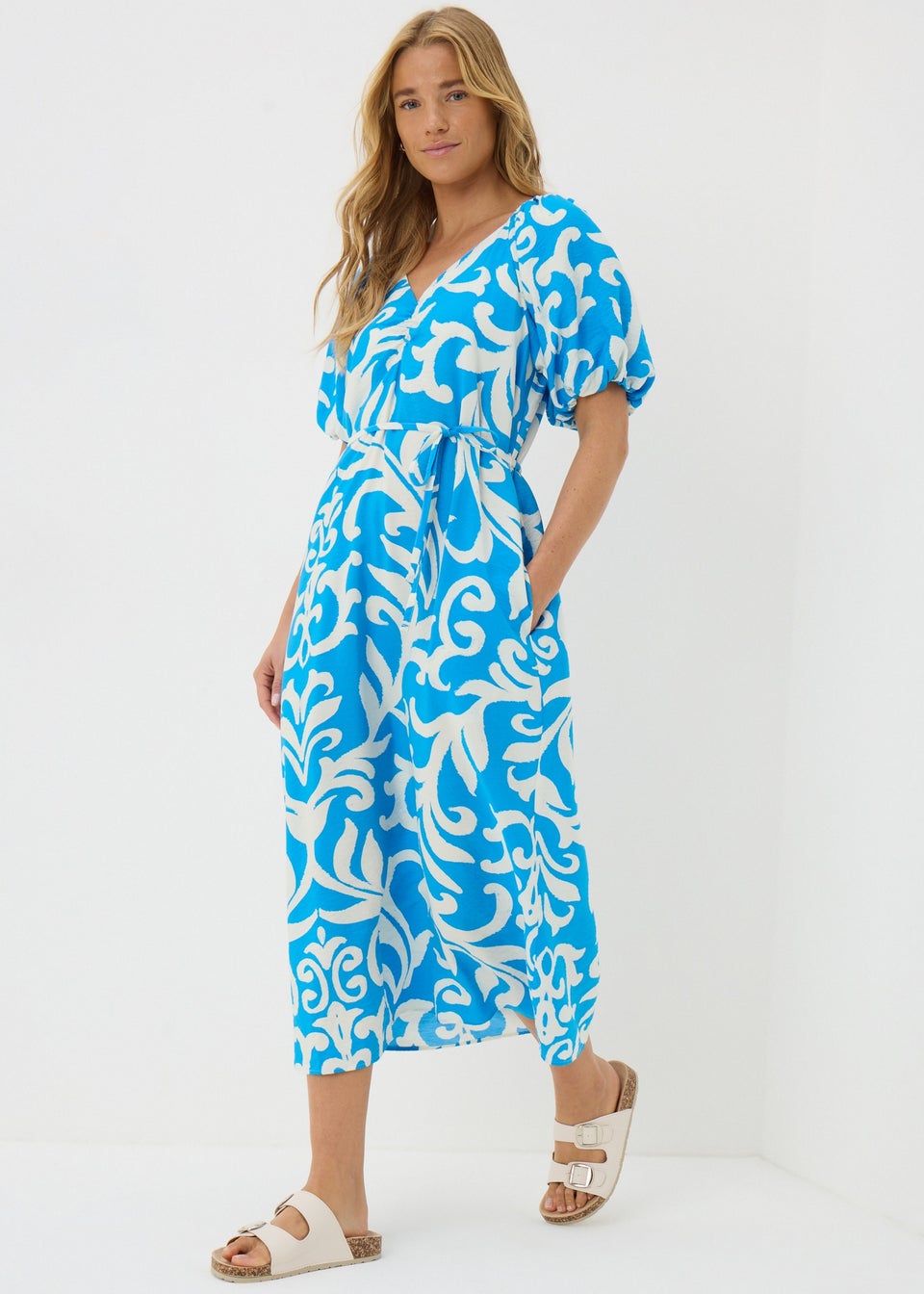 Blue Patterned Tie Waist Midi Dress