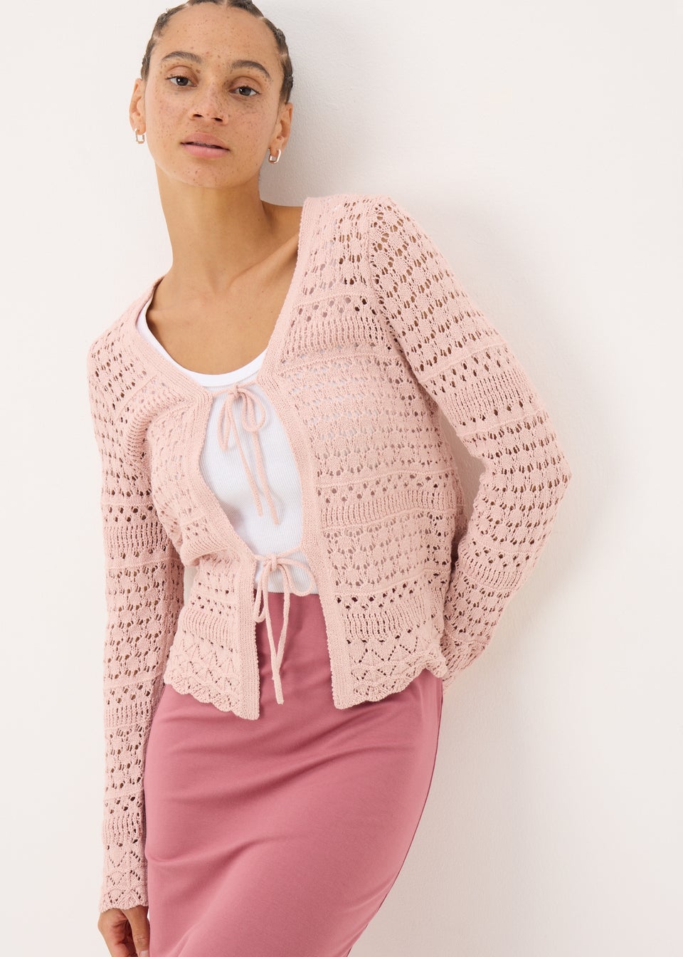 Petite Pink Pointelle Tie Front Cardigan