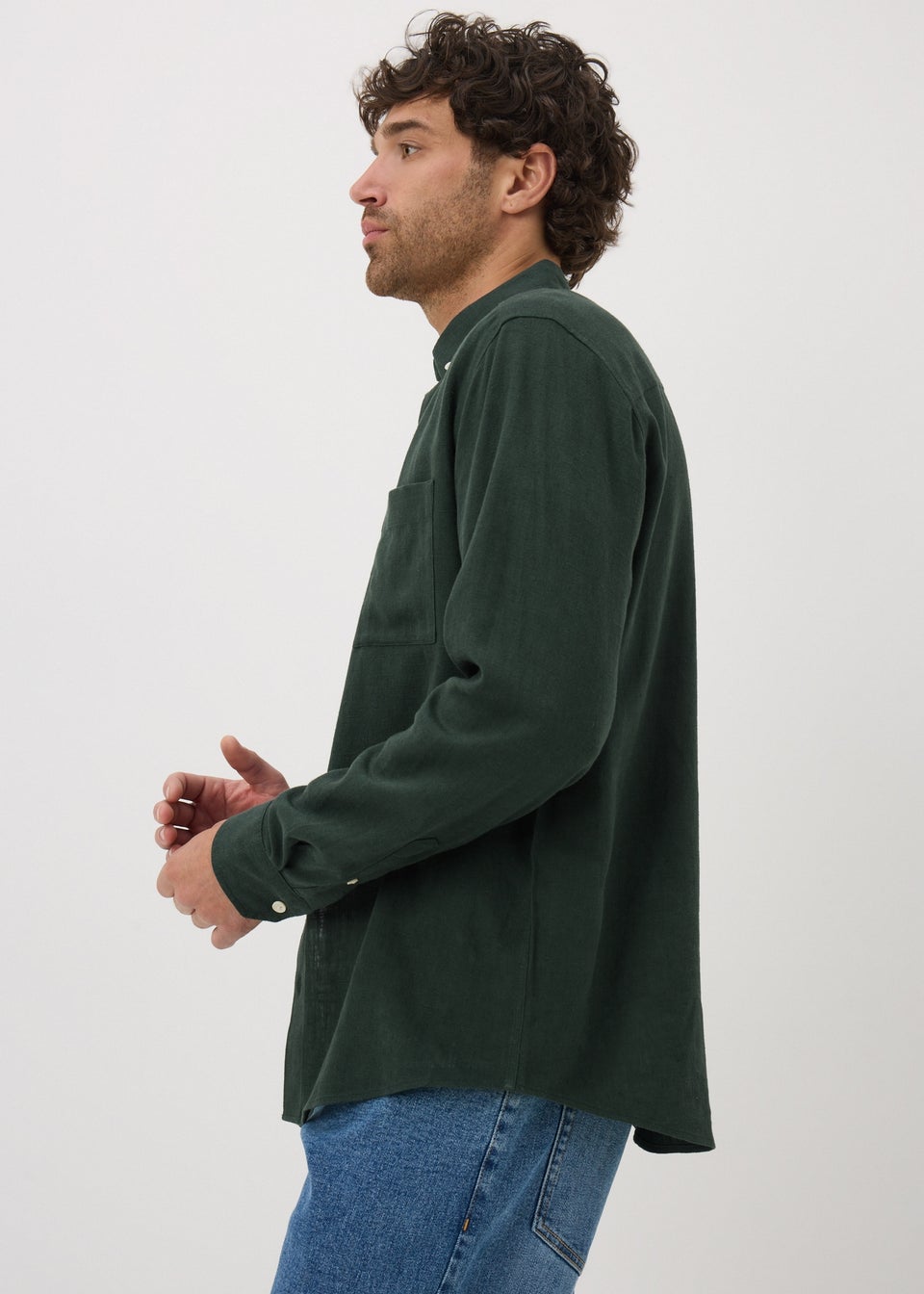 Green Roll Sleeve Linen Blend Shirt