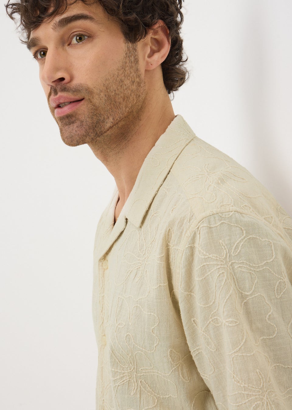 Ecru Textured Floral Embroidery Shirt