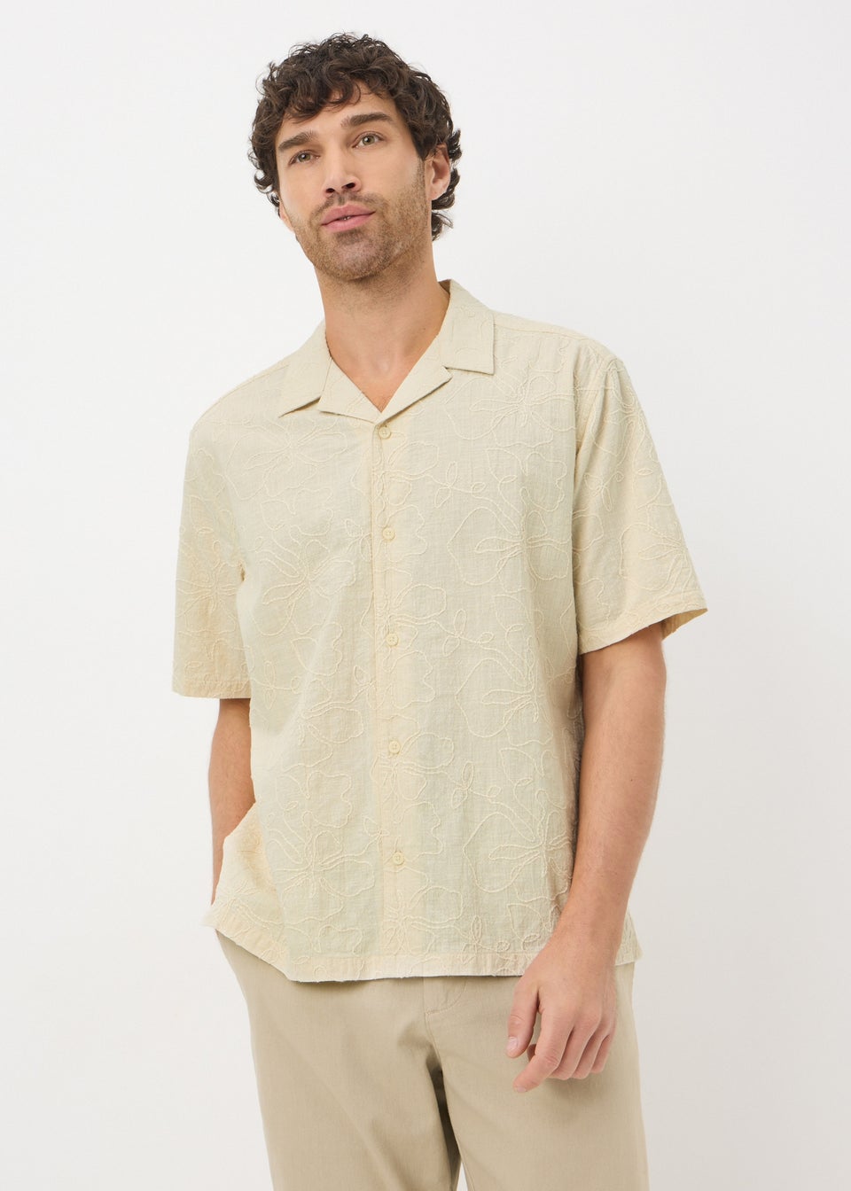 Ecru Textured Floral Embroidery Shirt