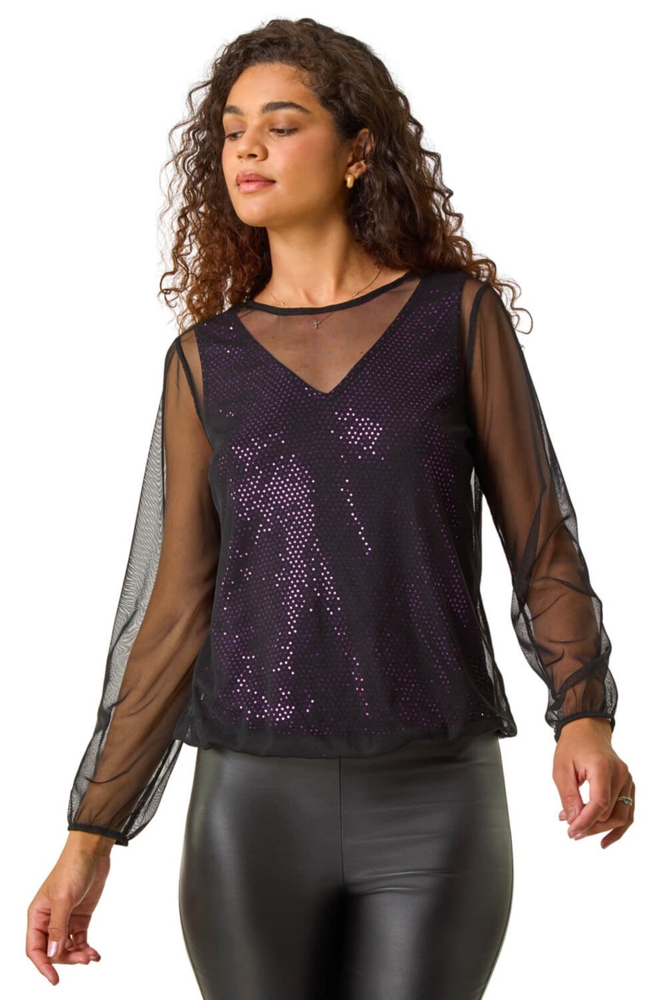 Roman Purple Mesh Overlay Sparkle Top