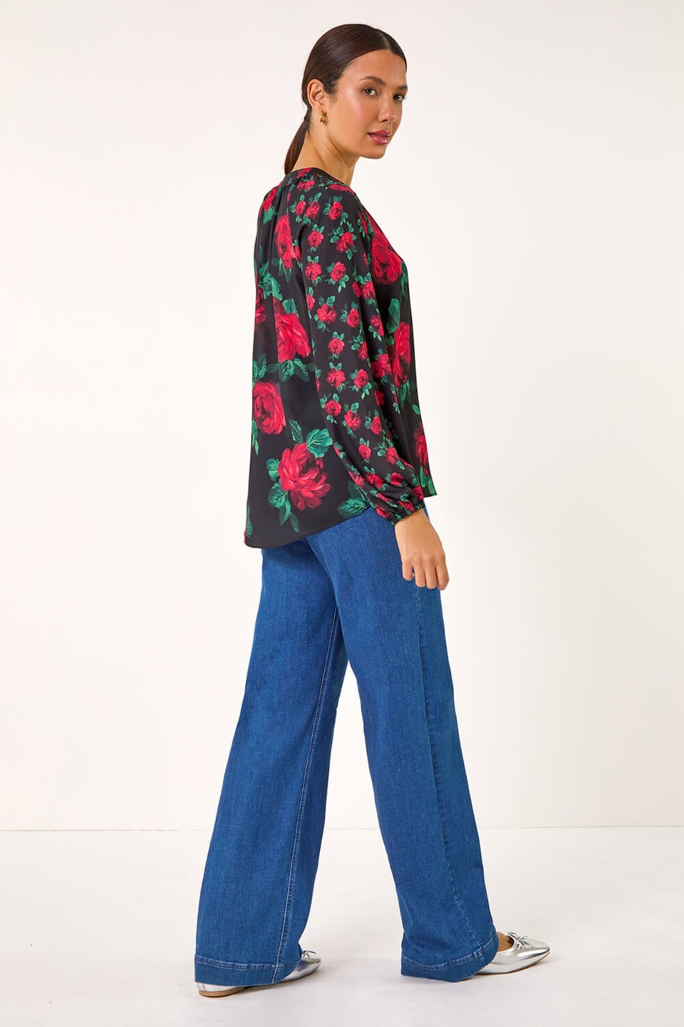 Roman Red Floral Print Notch Neck Top