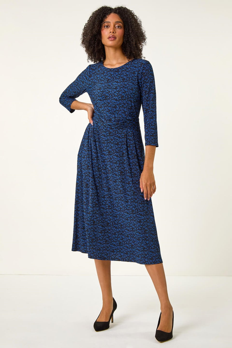 Roman Blue Abstract Stretch Ruched Dress