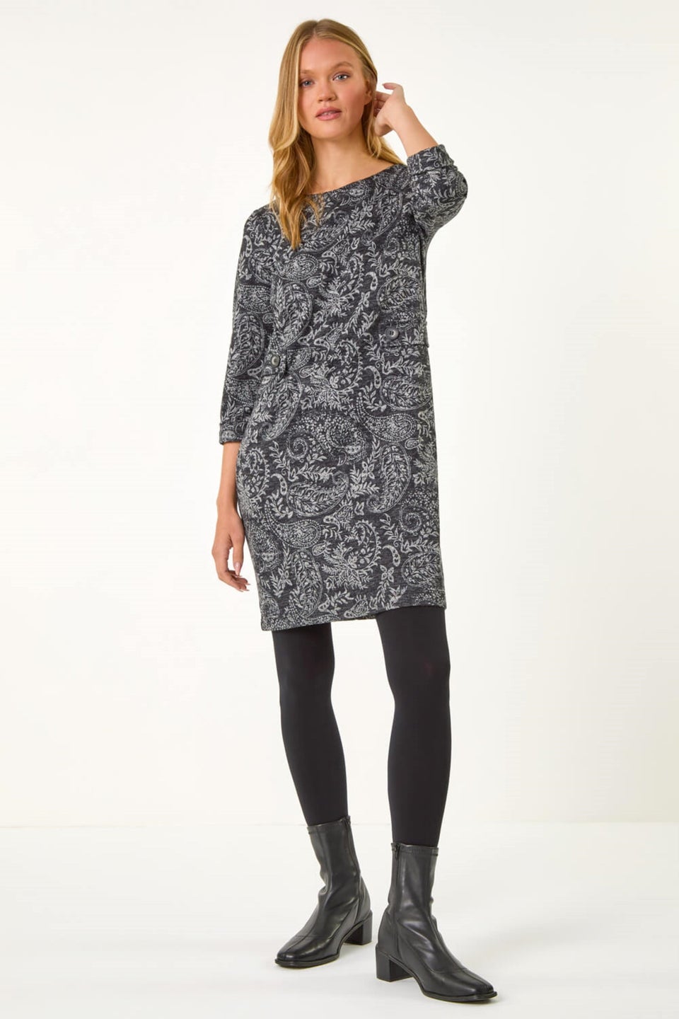 Roman Dark Grey Paisley Button Detail Shift Dress