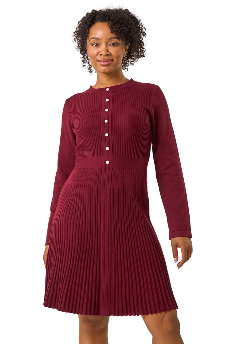 Roman Burgundy Petite Pearl Button Knitted Dress