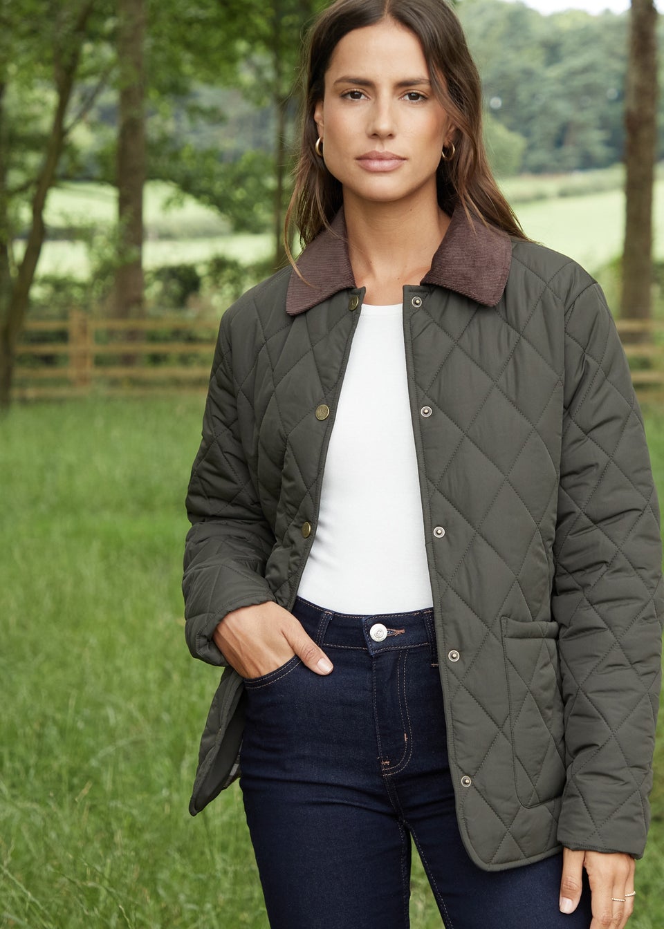 Threadbare Khaki Pine Cord Collar Diamond Quilted Jacket Matalan