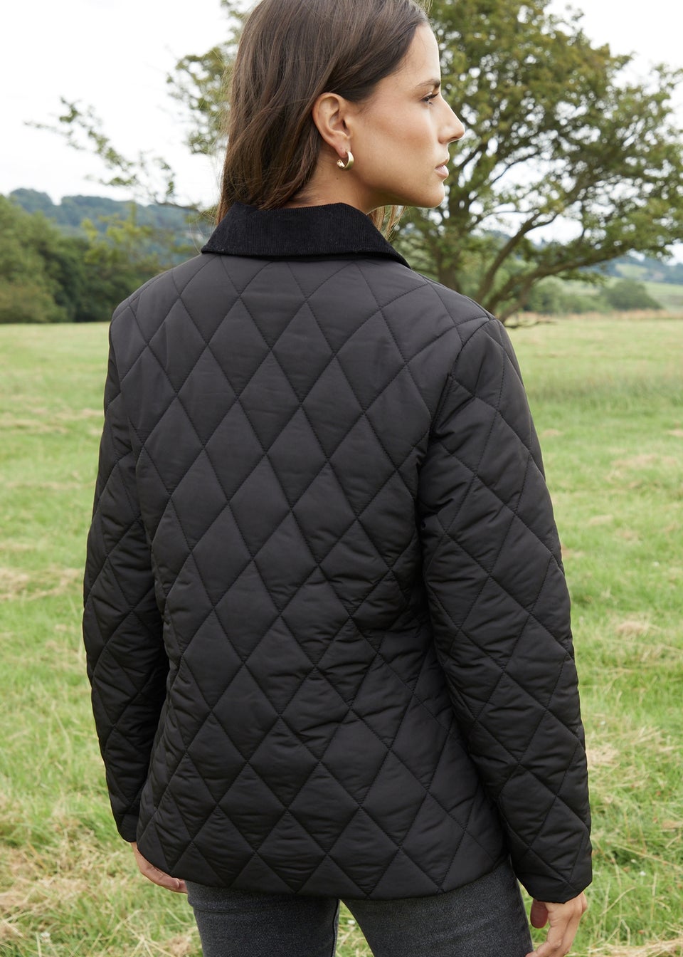 Threadbare Black Pine Cord Collar Diamond Quilted Jacket