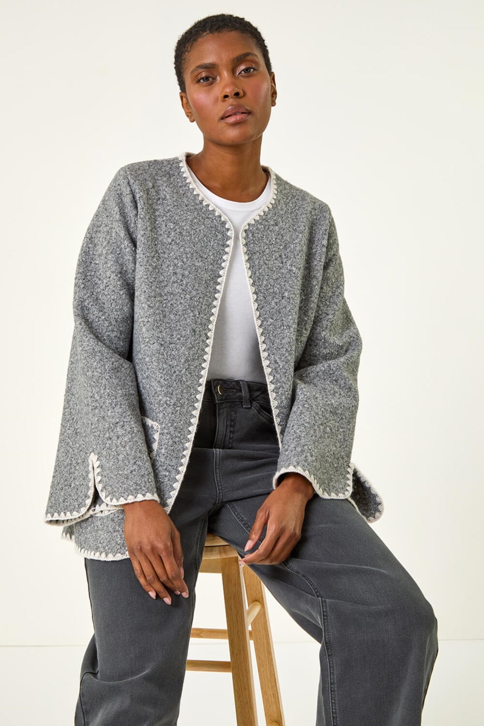Roman Grey Contrast Blanket Stitch Jacket