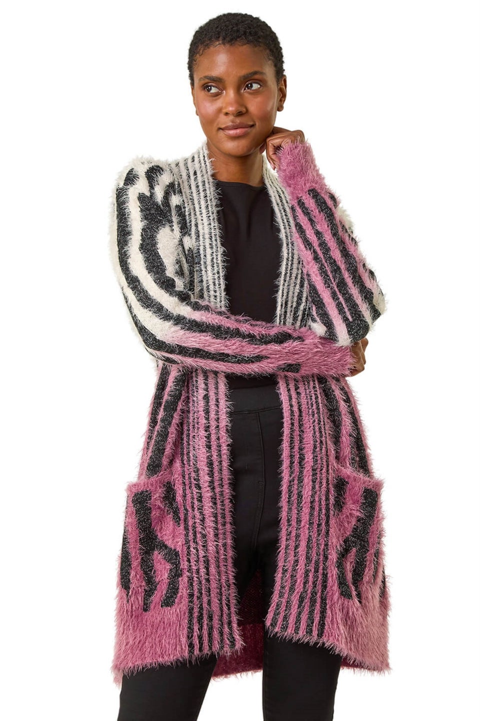 Roman Plum Metallic Zebra Print Fluffy Cardigan