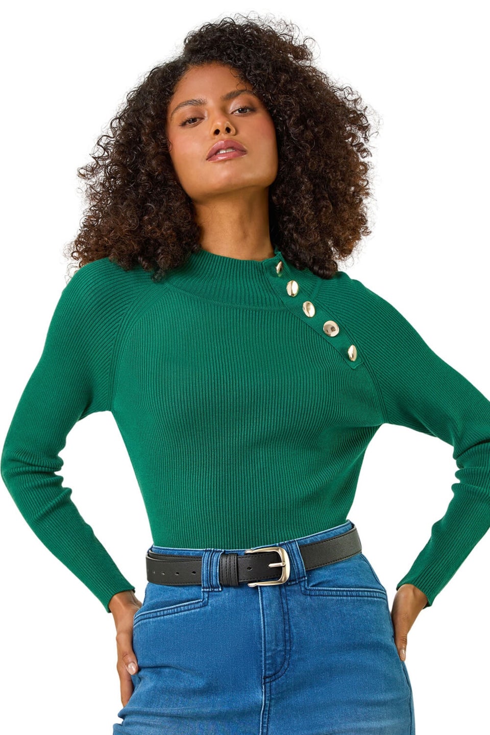 Dusk Green High Neck Button Shoulder Jumper