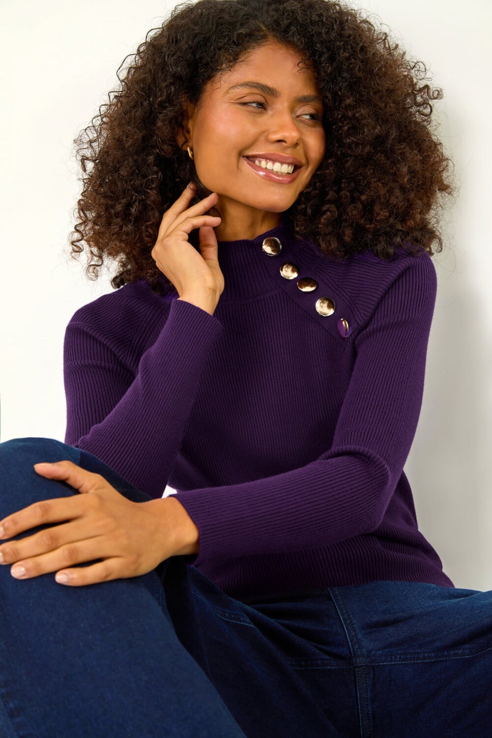 Dusk Purple High Neck Button Shoulder Jumper