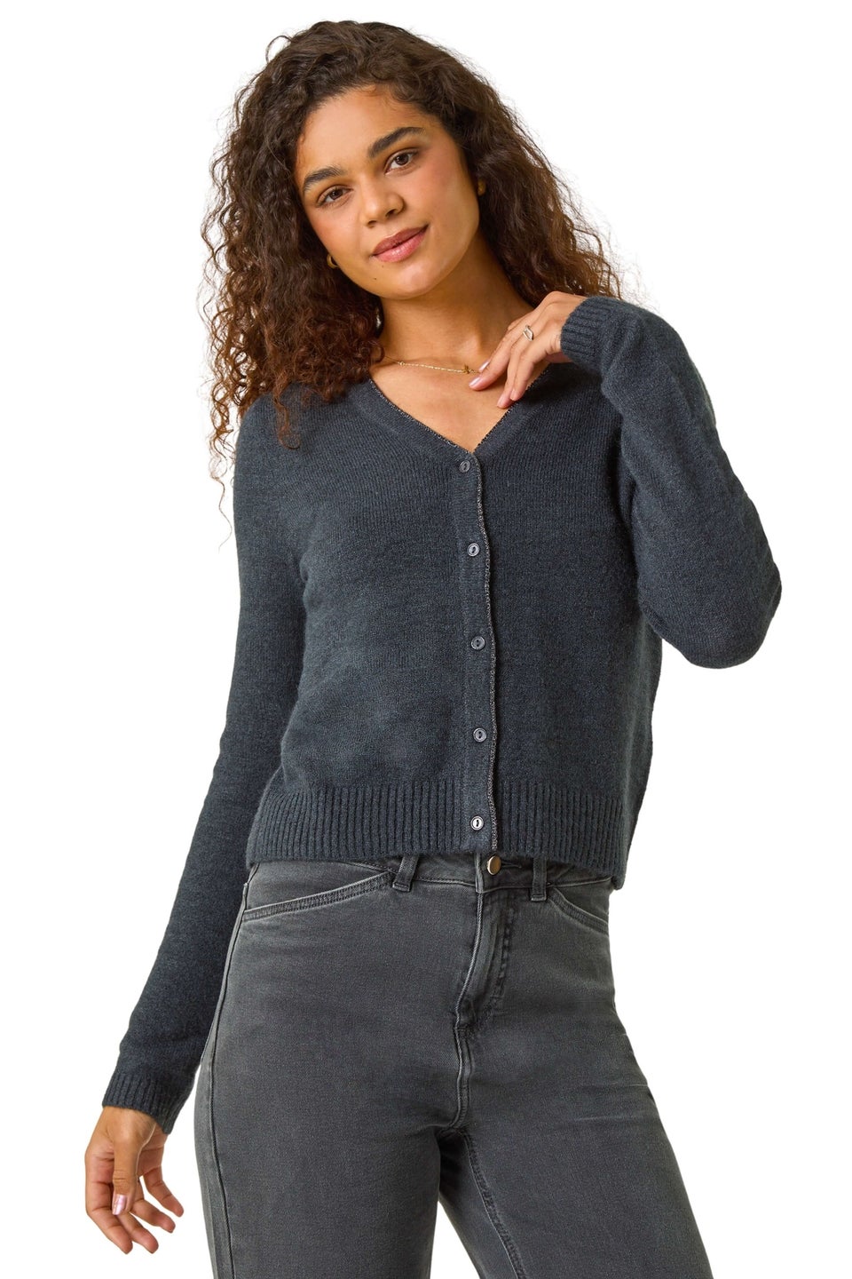 Roman Dark Grey Shimmer V-Neck Ribbed Cardigan