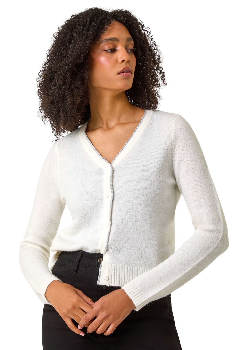 Roman White Shimmer V Neck Ribbed Cardigan Matalan
