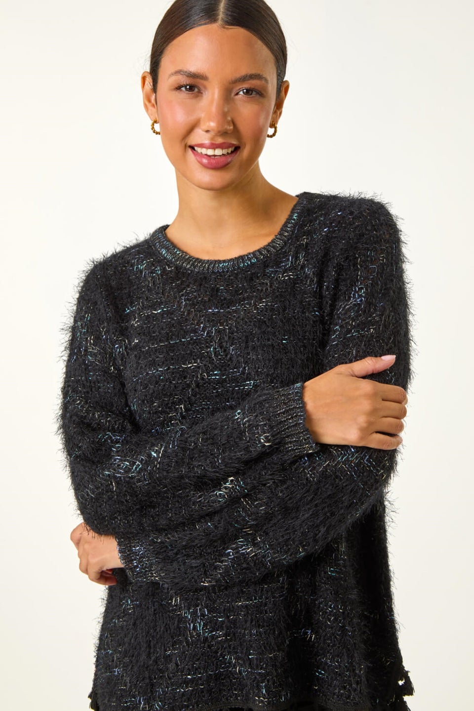 Roman Black Fluffy Knit Fringe Hem Jumper