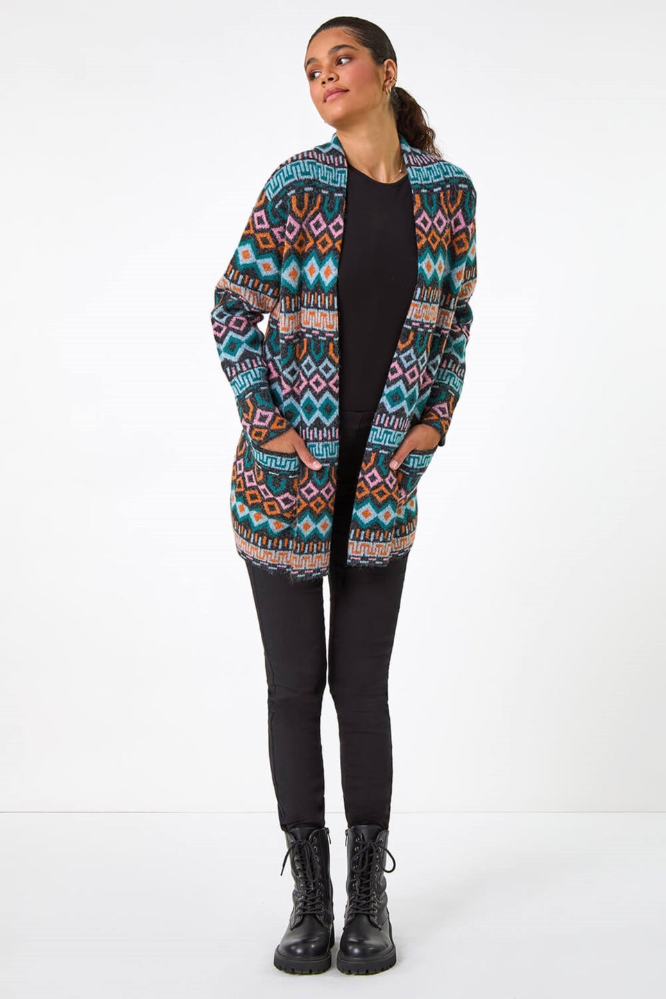 Roman Blue Geometric Pattern Knit Cardigan