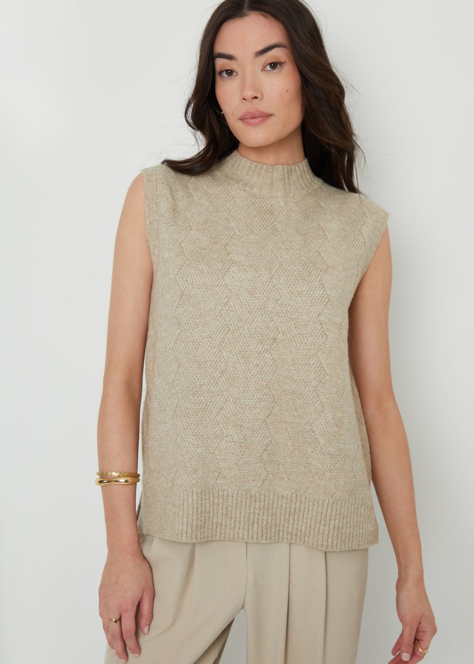 Threadbare Beige June High Neck Basket Stitch Knitted Vest