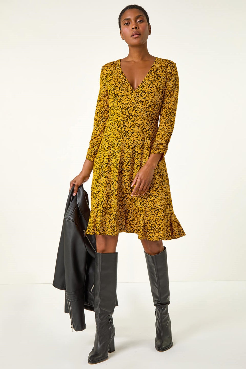 Roman Amber Floral Print Wrap Front Stretch Dress