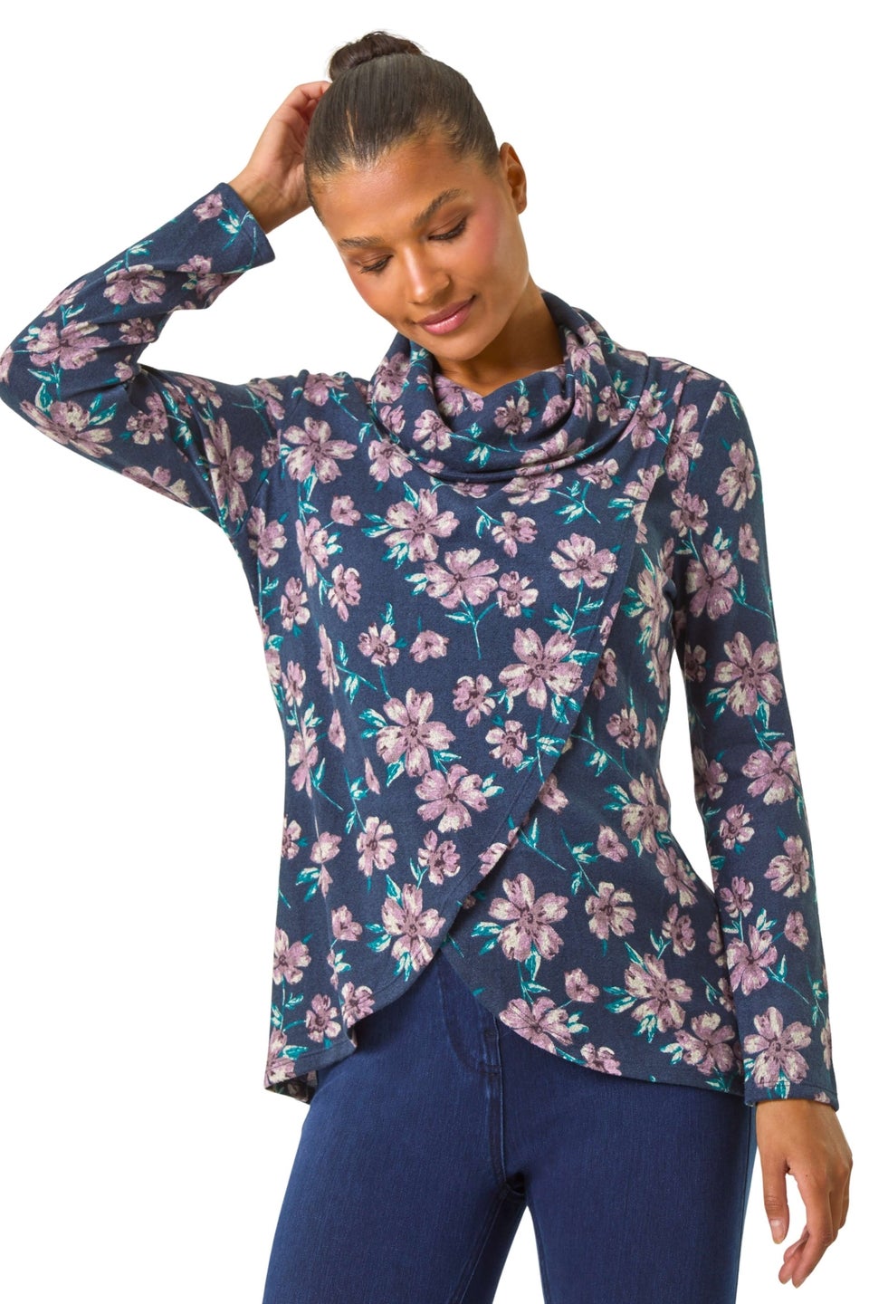 Roman Navy Cowl Neck Floral Snit Top