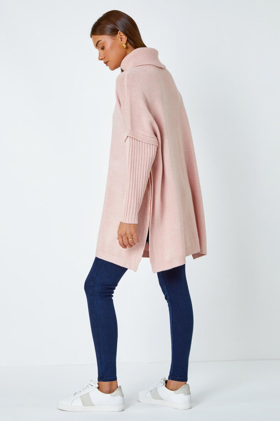 Roman Pink  Cable Knit Roll Neck Poncho Jumper