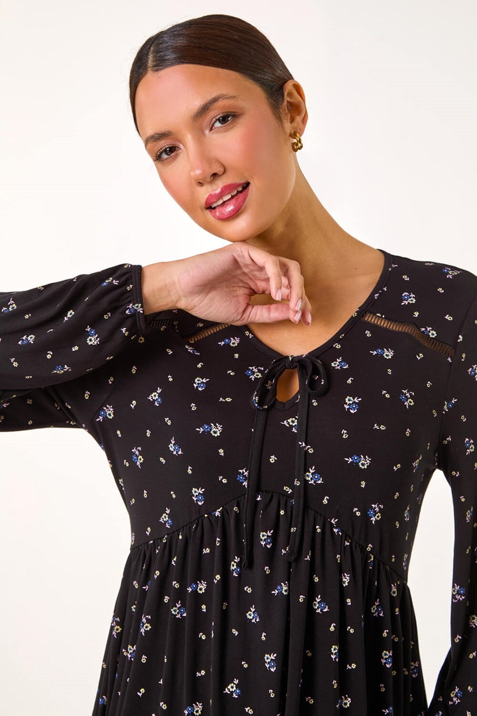 Roman Black Ditsy Floral Print Ladder Trim Top