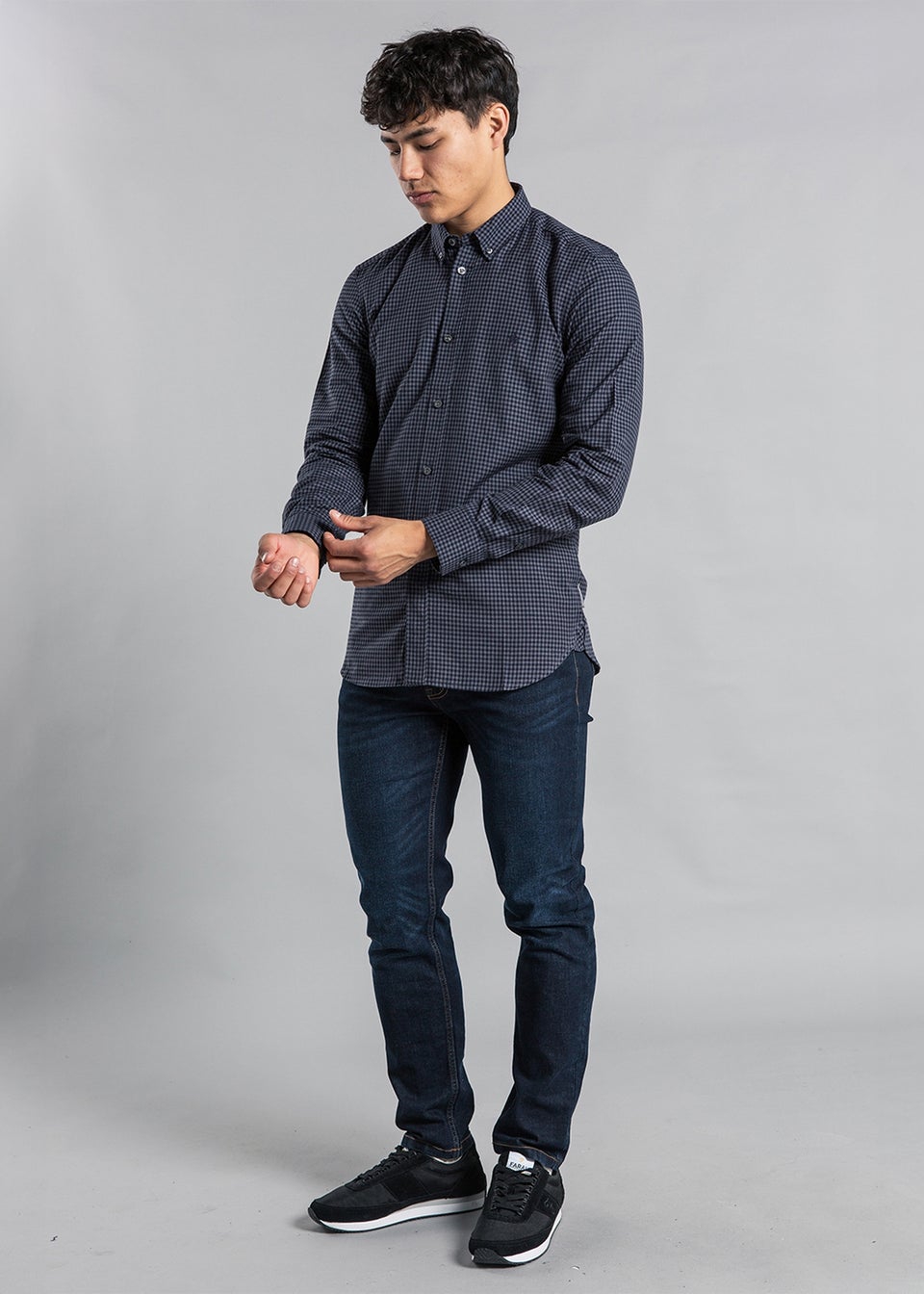 French Connection Charcoal Cotton Long Sleeve Gingham Shirt