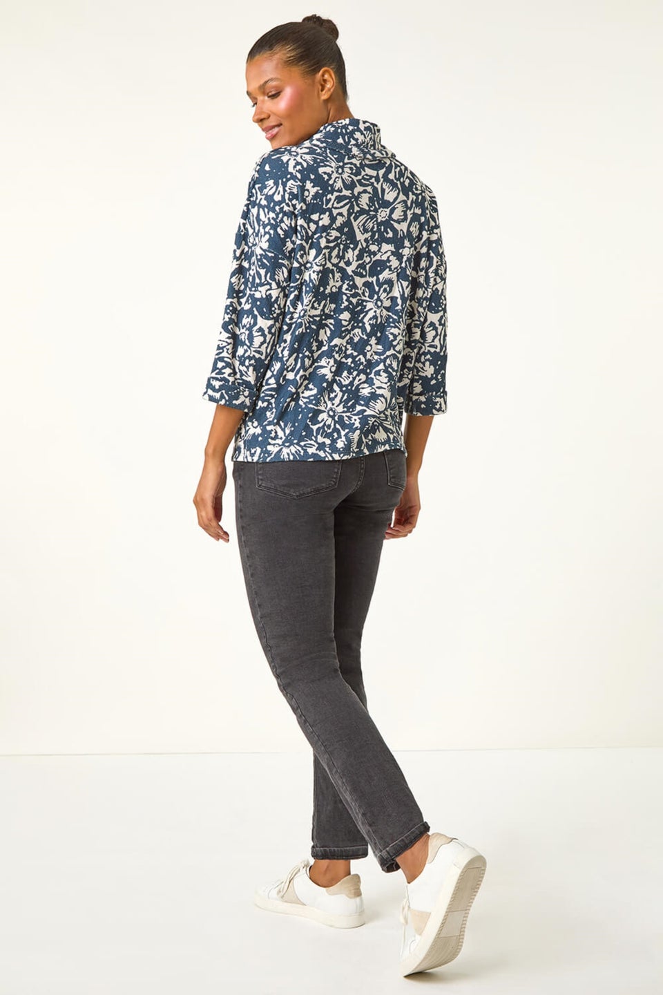 Roman Navy Floral Printed Roll Neck Top