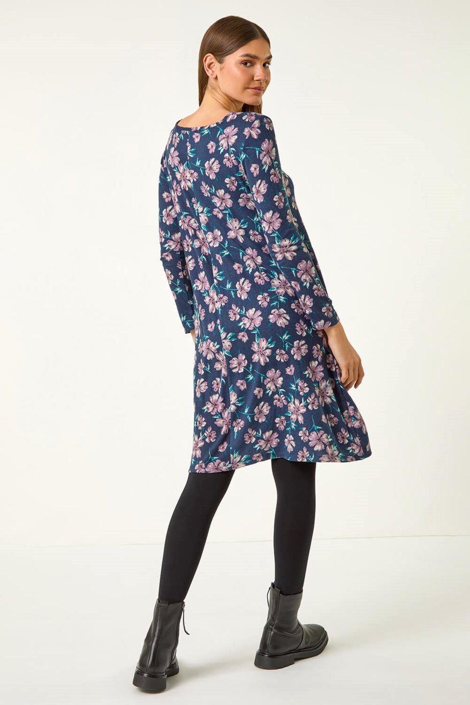 Roman Navy Floral Print Swing Stretch Midi Dress