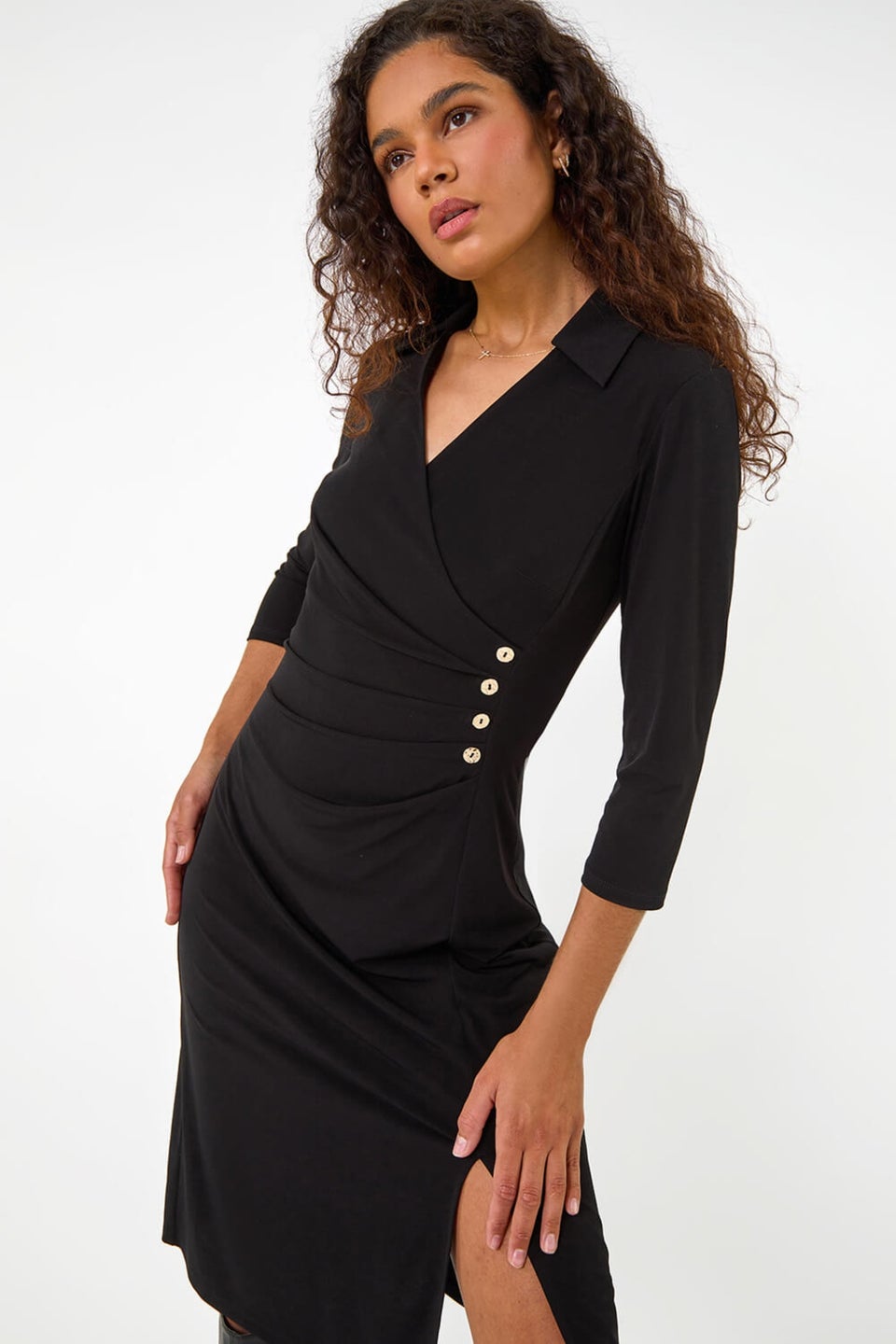 Roman Black Ruched Button Shirt Stretch Midi Dress