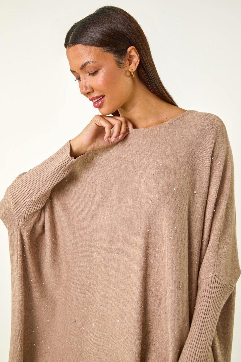 Roman Beige Sparkle Embellished Tassel Poncho