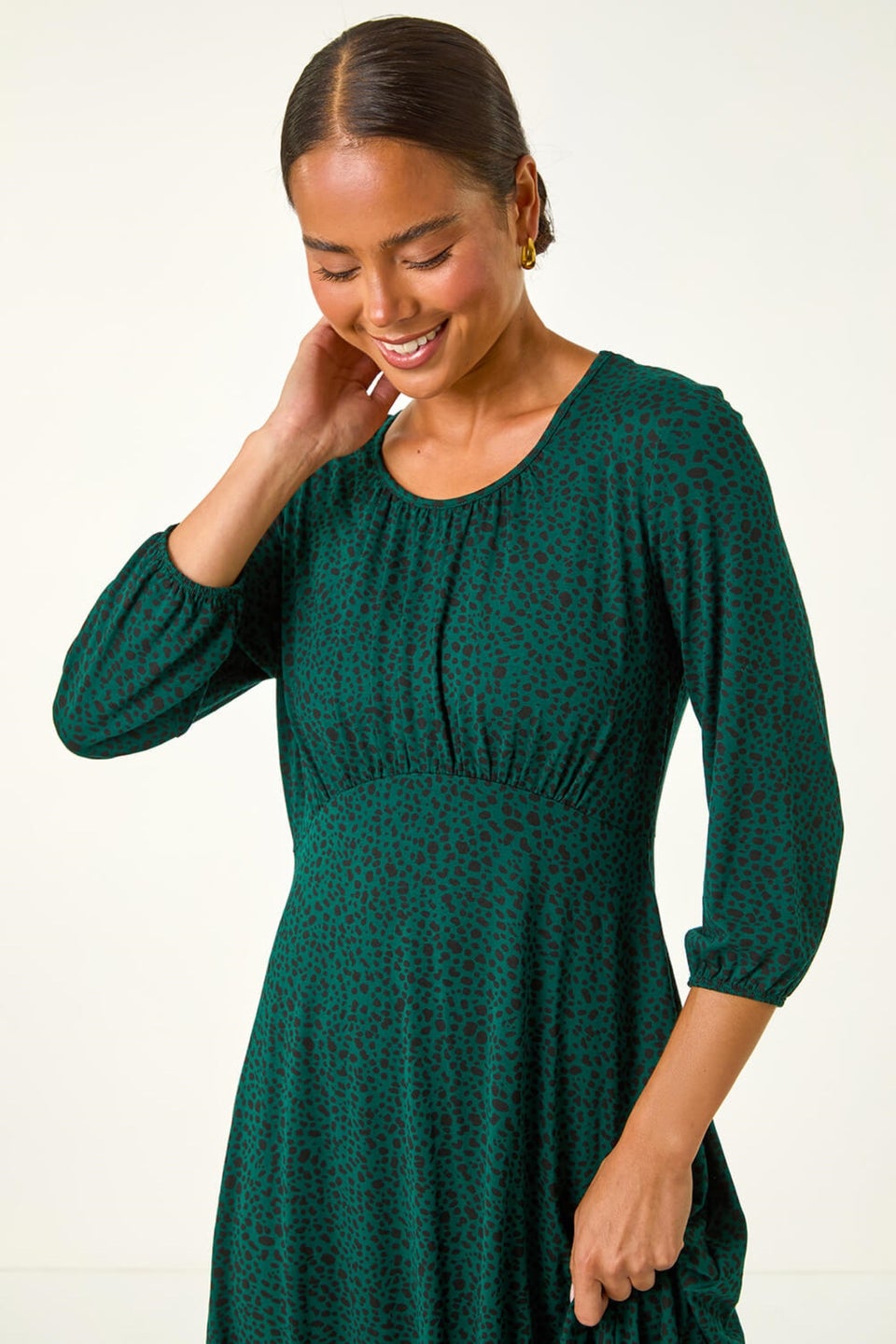 Roman Forest Green Petite Spot Ruched Midi Dress