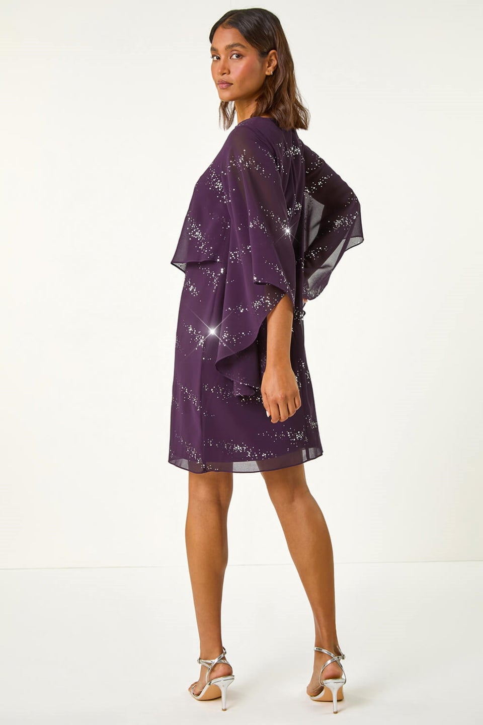 Roman Purple Sequin Embellished Asymmetric Overlay Dress