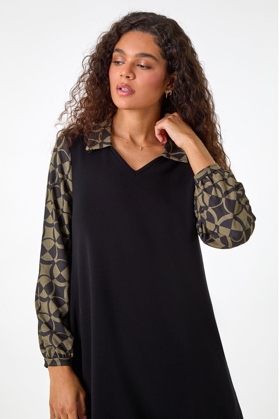 Roman Khaki Geometric Contrast Swing Dress