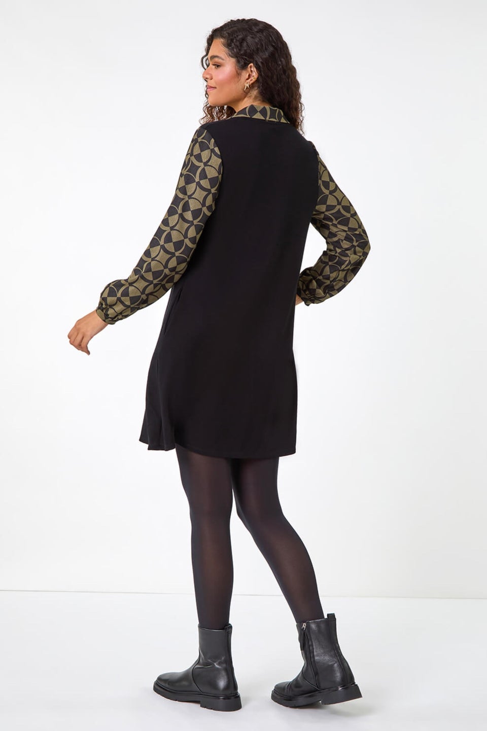 Roman Khaki Geometric Contrast Swing Dress