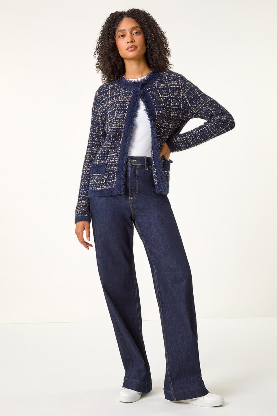 Roman Midnight Blue Textured Pattern Pocket Detail Cardigan