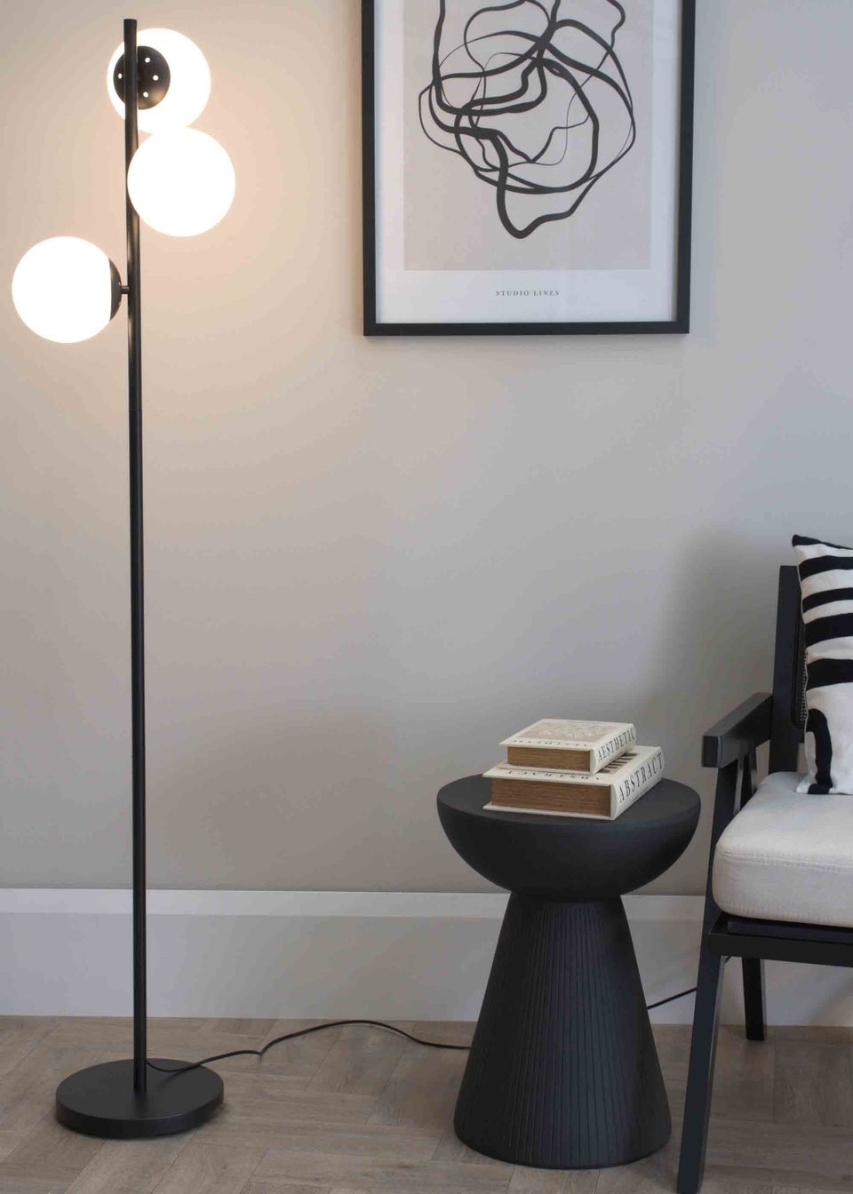 ValueLights Jas  Black Floor Lamp with White Globe Shade (159cm x 35cm x 25cm)