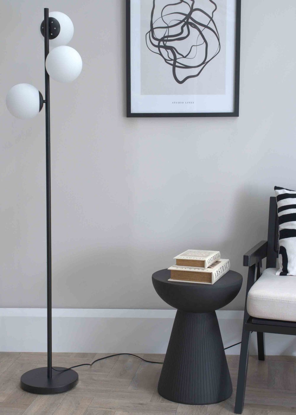 ValueLights Jas  Black Floor Lamp with White Globe Shade (159cm x 35cm x 25cm)