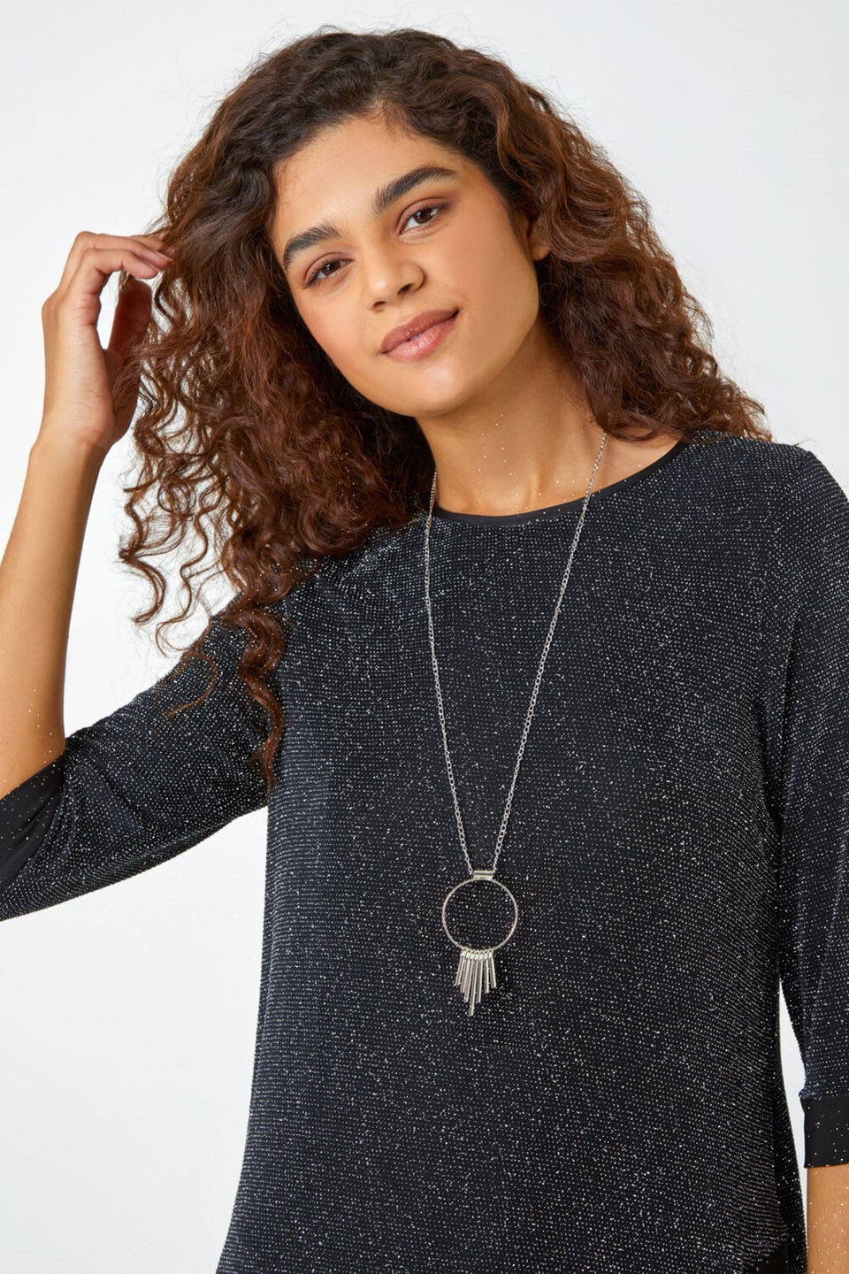 Roman Black Necklace Trim Shimmer Top