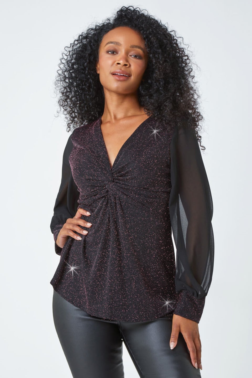 Roman Pink Petite Twist Front Chiffon Sleeve Stretch Top Matalan