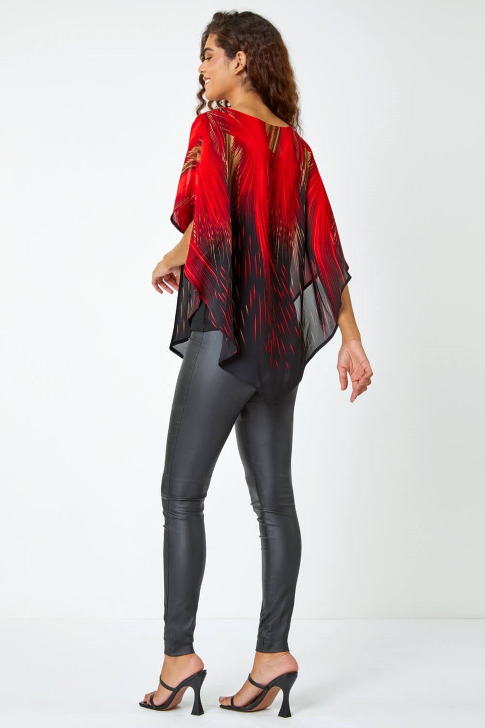 Roman Red Abstract Print Chiffon Overlay Stretch Top