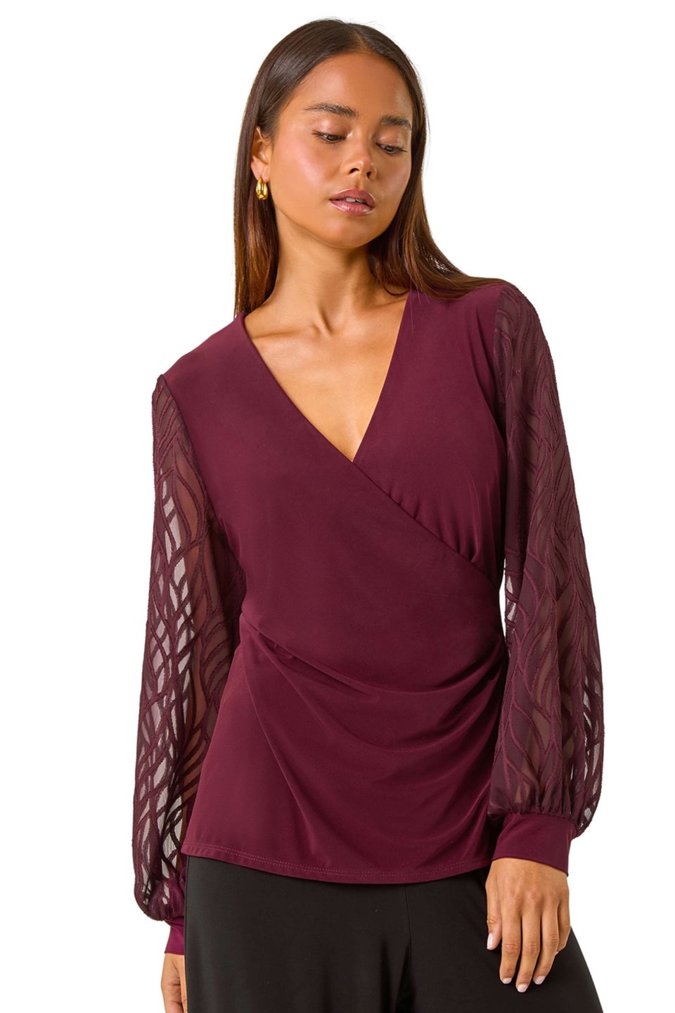 Roman Burgundy Petite Jacquard Contrast V-Neck Wrap Top