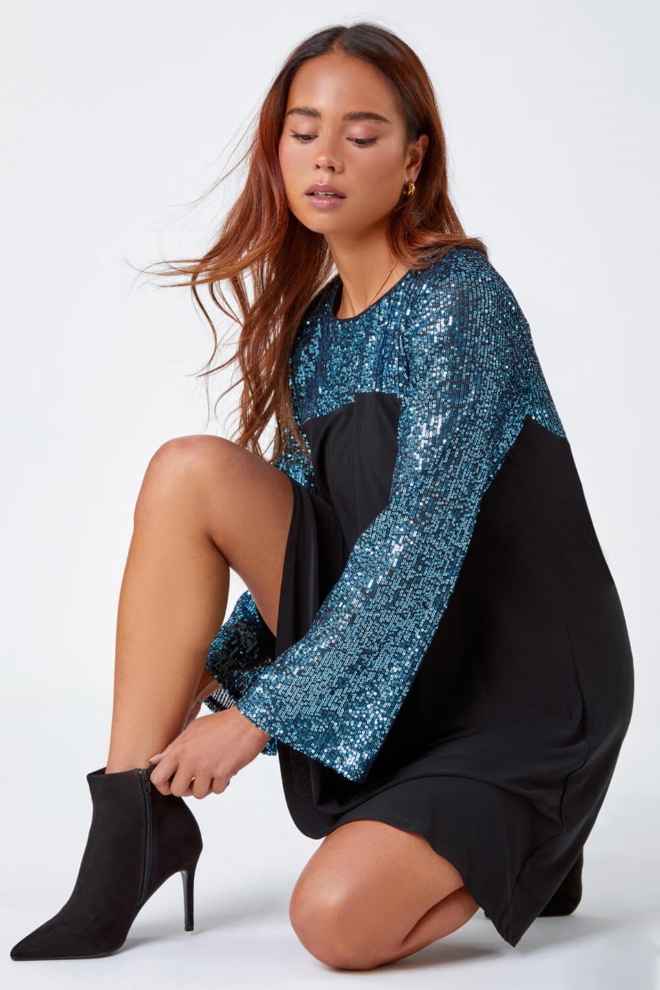 Roman Blue Petite Sequin Shift Stretch Dress