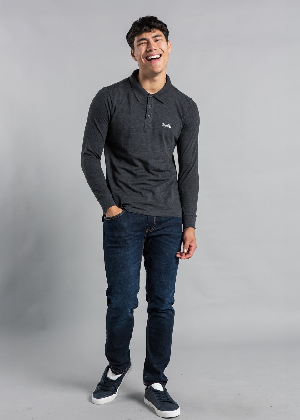 Tokyo Laundry Charcoal Cotton Long Sleeve Polo